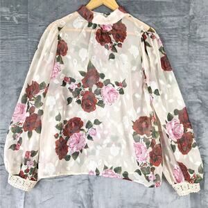 Womens‎ Top Large Romantic Floral Roses Sheer Coquette Fairy Crochet Feminine